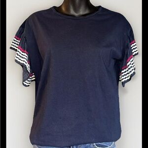 STELLA & DOT 'Everly' Flutter Ric Rac Sleeves Navy Blue T-Shirt Size Small